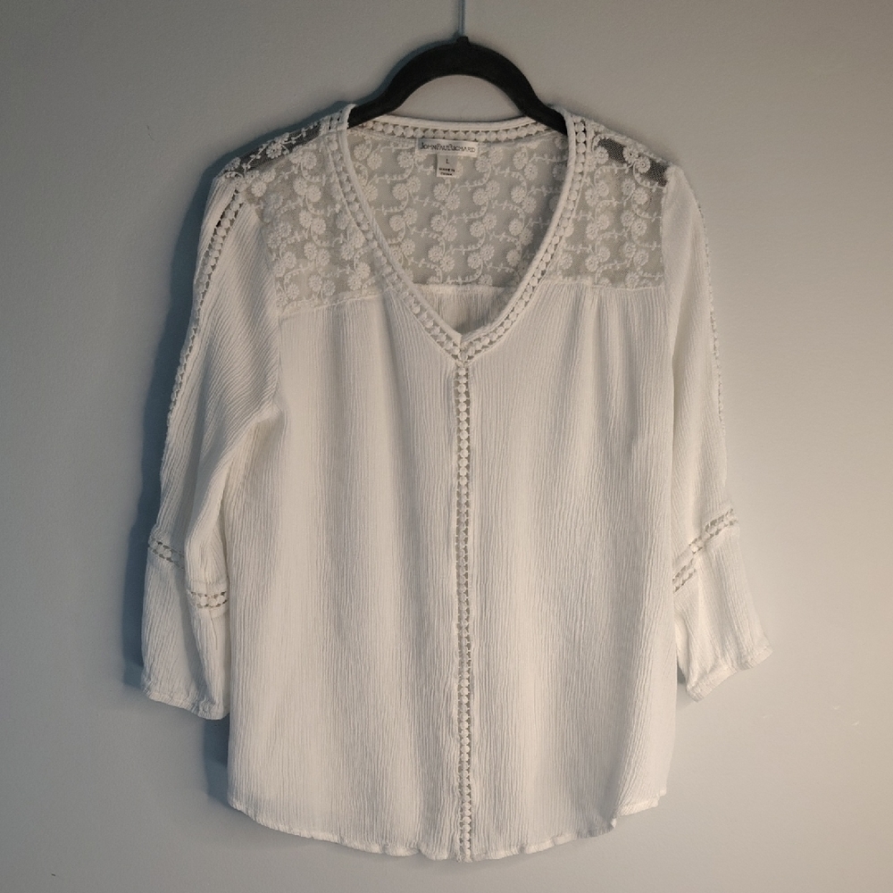 John Paul Richard Raelinn Blouse Size L Lace Detail White Romantic Lace Spring